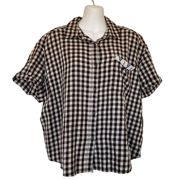Denim & Supply Brown Plaid Short Sleeve Shirt Beaded Pocket Women's Medium Top - Picture 1 of 7